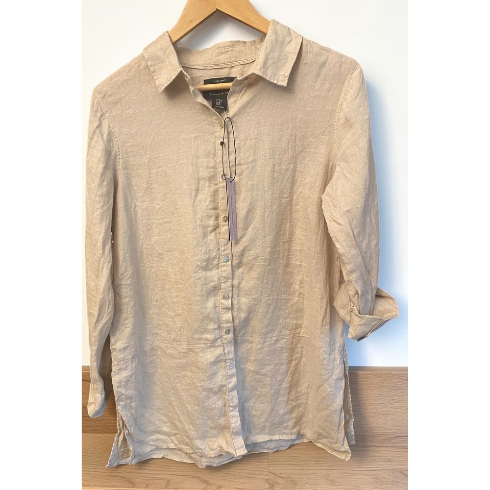 Tahari Button Down 100% Linen Beige Tunic Blouse Women Medium NEW